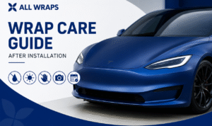 All Wraps vehicle wrap care guide feature image with satin blue Tesla and minimal wrap maintenance icons