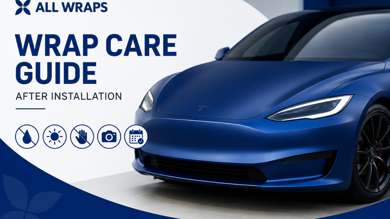All Wraps vehicle wrap care guide feature image with satin blue Tesla and minimal wrap maintenance icons